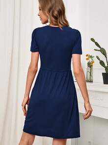 HOMEYEE Solid V Neck Puff Sleeve Dress - Navy Blue - View 2