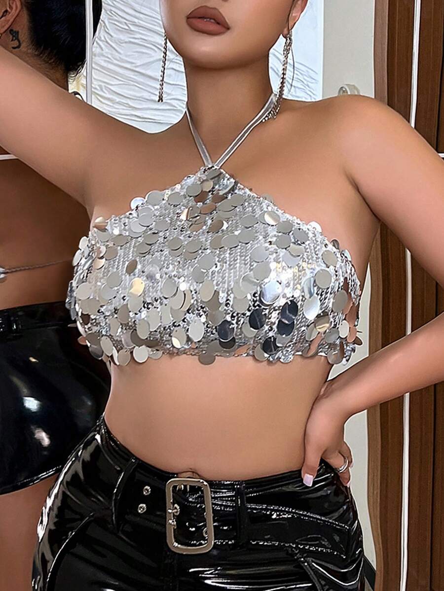 Rave Sequin Decor Crop Halter Club Top - Silver - View 1