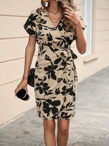 SHEIN Clasi Floral Print Batwing Sleeve Knot Side Wrap Dress