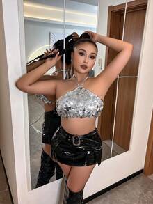 Rave Sequin Decor Crop Halter Club Top - Silver - View 3