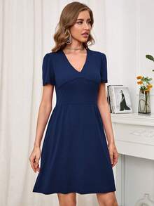 HOMEYEE Solid V Neck Puff Sleeve Dress - Navy Blue - View 6