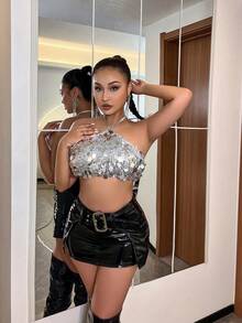 Rave Sequin Decor Crop Halter Club Top - Silver - View 4