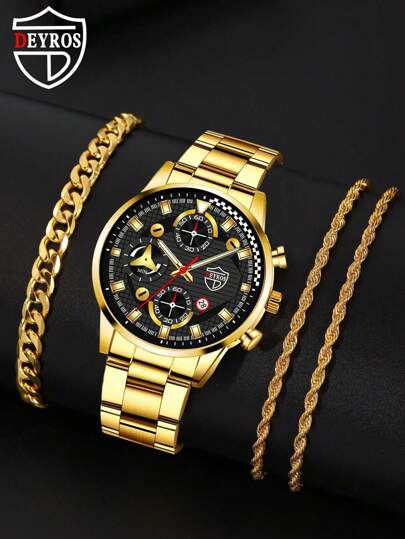 1入組男士三錶盤石英表和2入組首飾套裝