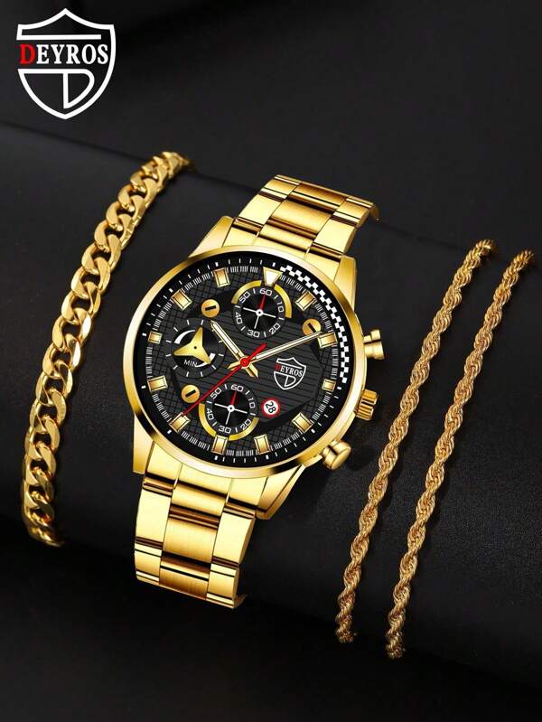 1入組男士三錶盤石英表和2入組首飾套裝