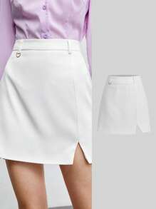 BizChic Split Hem Solid Skirt Workwear - White - View 2