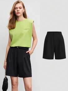 BizChic Xếp nếp Quần short chân rộng Không có thắt lưng Trang phục làm việc - màu đen - Xem 2