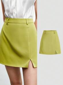 BizChic Chất rắn Chân Váy xẻ Trang phục làm việc - Màu xanh chanh - Xem 2