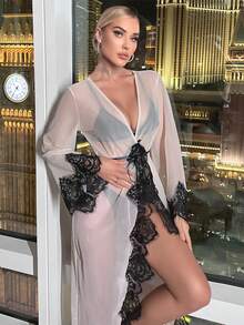 Bata de dormir ribete con encaje de pestaña con cinturón de malla sin set de lencería - Rosa Pálido - Ver 5