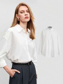 BizChic Solid Drop Shoulder Button Front Shirt Workwear - White - View 1