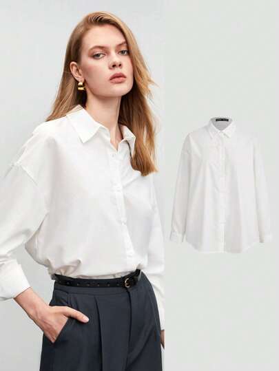 BizChic Solid Drop Shoulder Button Front Shirt Workwear