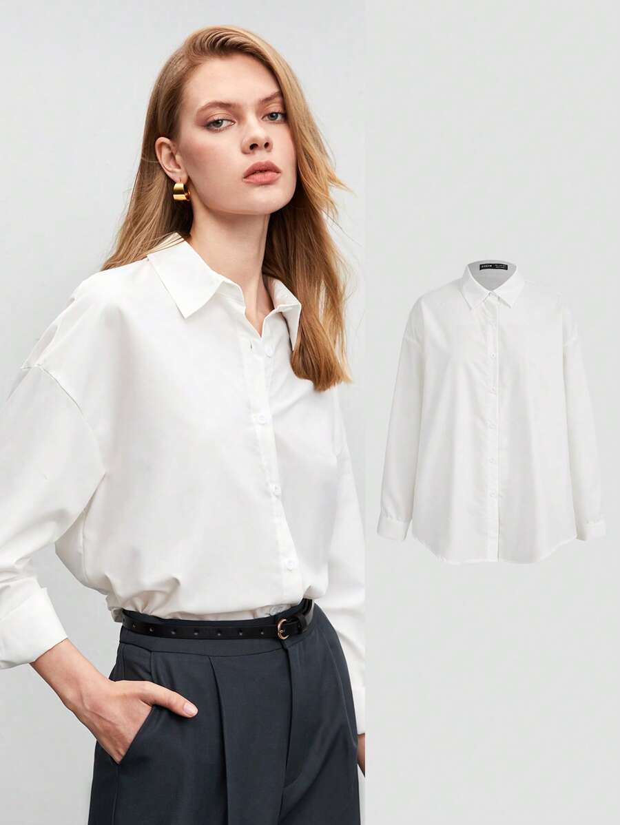 BizChic Solid Drop Shoulder Button Front Shirt Workwear - White - View 1
