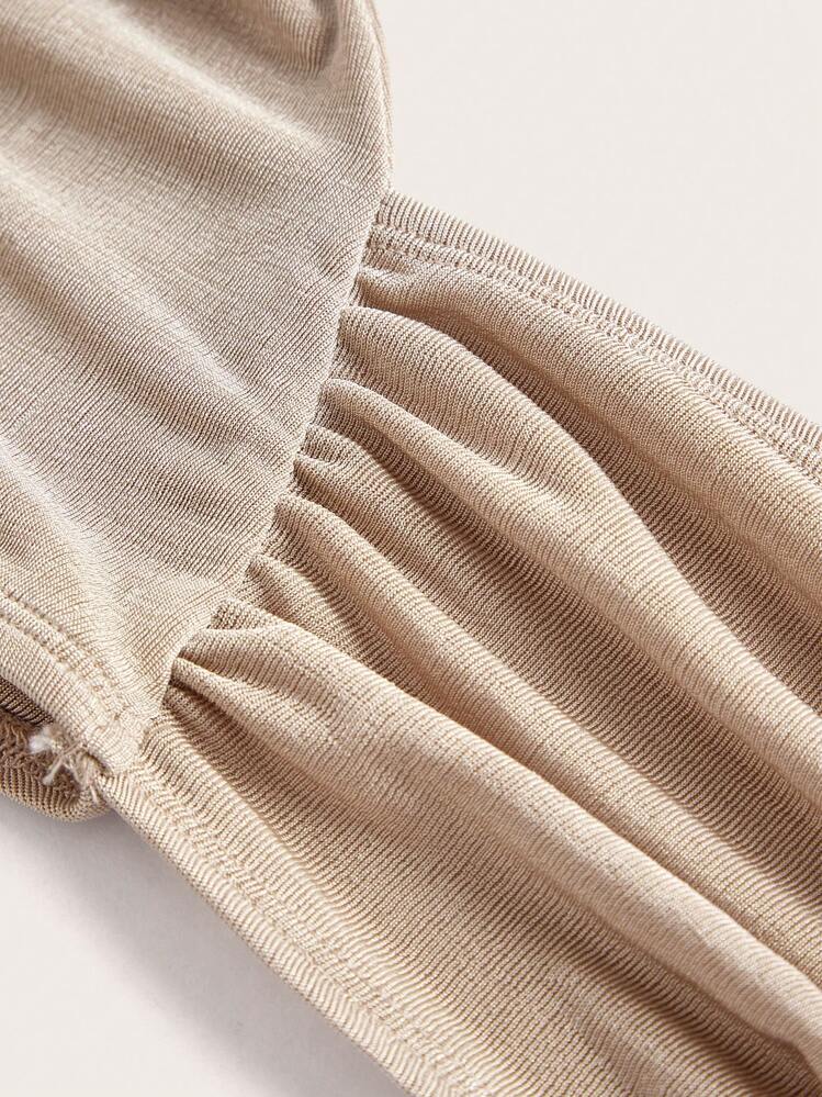 SHEIN ICON Drawstring Front Asymmetrical Hem Halter Top - Apricot - View 4