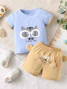 SHEIN Toddler Boys Cartoon Graphic Tee & 3D Ear Design Shorts - Multicolor - View 1