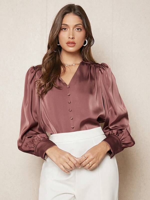 BizChic Women's Solid Color Button Lantern Sleeve Satin Long Sleeve Shirt, Elegant And Versatile For Work, Casual And Business Occasions