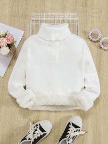 SHEIN 女大童高領毛茸茸袖口套頭毛衣 - 白色 - 查看 1