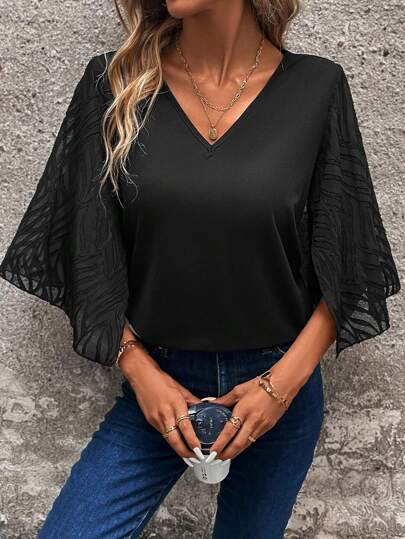 SHEIN Clasi Enfärgat V Hals Fjäril Ärm T-Skjortor