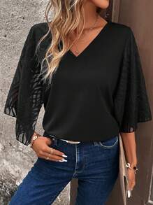 SHEIN Clasi Solid V Neck Butterfly Sleeve Tee - Black - View 4