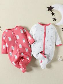 Baby Girl 2pcs Cartoon Graphic Contrast Binding Button Front Sleep Jumpsuit - Multicolor - View 1