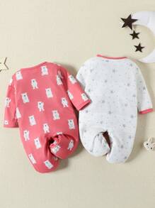 Baby Girl 2pcs Cartoon Graphic Contrast Binding Button Front Sleep Jumpsuit - Multicolor - View 2