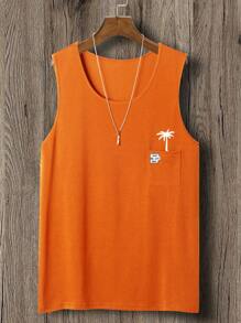 Manfinity Chillmode Men Palm Tree Print Patched Pocket Tank Top - Burnt Orange - View 1