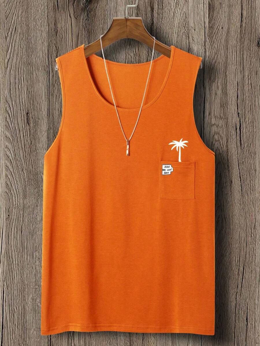Manfinity Chillmode Men Palm Tree Print Patched Pocket Tank Top - Burnt Orange - View 1
