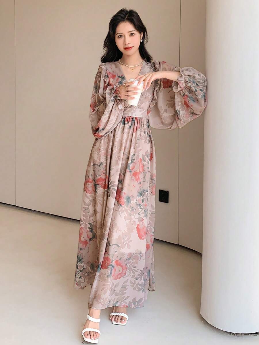 DAZY 印花灯笼袖连衣裙度假装女装 - 彩色 - 查看 1