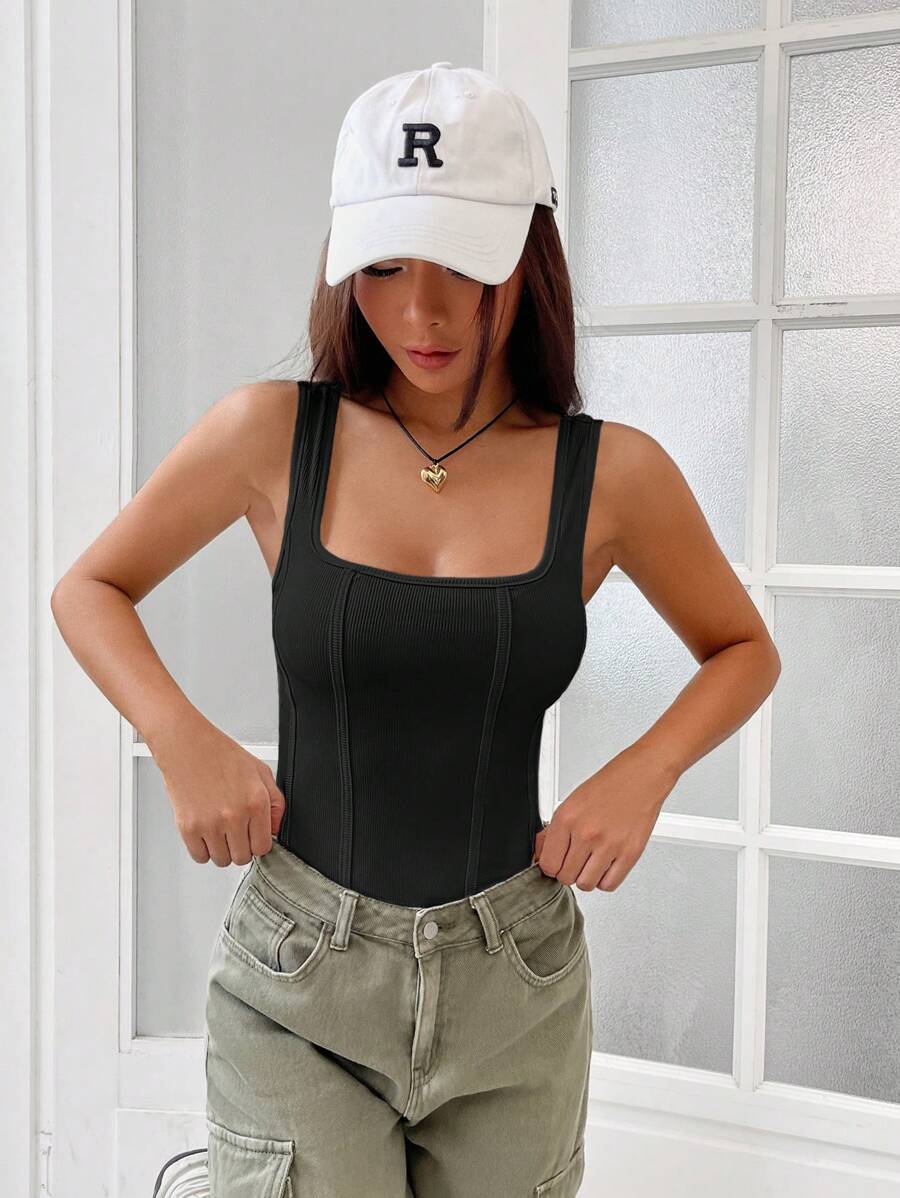 SHEIN EZwear 纯色方领背心紧身衣 - 黑色 - 查看 1