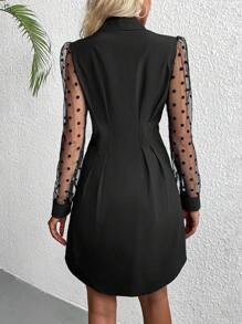 SHEIN LUNE Contrast Dobby Mesh Puff Sleeve Fold Pleated Detail Shirt Dress - Black - View 2