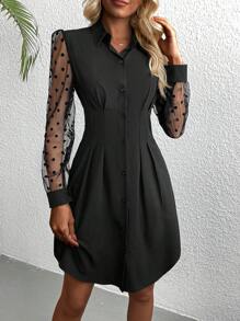 SHEIN LUNE Contrast Dobby Mesh Puff Sleeve Fold Pleated Detail Shirt Dress - Black - View 4