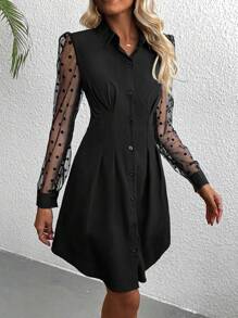 SHEIN LUNE Contrast Dobby Mesh Puff Sleeve Fold Pleated Detail Shirt Dress - Black - View 5