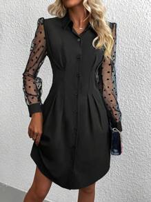 SHEIN LUNE Contrast Dobby Mesh Puff Sleeve Fold Pleated Detail Shirt Dress - Black - View 6