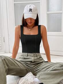 SHEIN EZwear 纯色方领背心紧身衣 - 黑色 - 查看 6