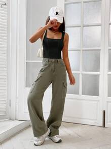 SHEIN EZwear 纯色方领背心紧身衣 - 黑色 - 查看 8