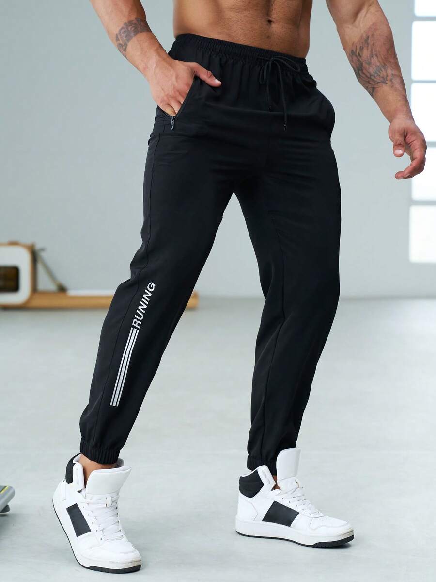 SHEIN Fitness Men Letter Graphic Drawstring Waist Sports Pants - Black - View 1