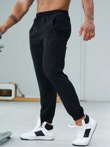SHEIN Fitness Men Letter Graphic Drawstring Waist Sports Pants - Black - View 4