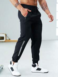SHEIN Fitness Men Letter Graphic Drawstring Waist Sports Pants - Black - View 6