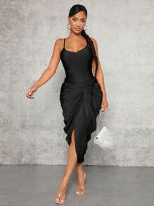 SHEIN SXY Vestido de tirantes unicolor fruncido bajo asimétrico - Negro - Ver 3