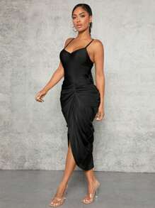 SHEIN SXY Vestido de tirantes unicolor fruncido bajo asimétrico - Negro - Ver 4