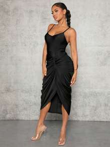 SHEIN SXY Vestido de tirantes unicolor fruncido bajo asimétrico - Negro - Ver 6