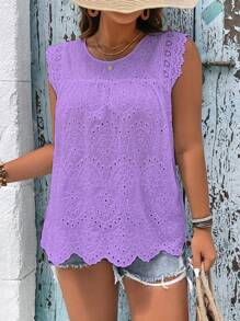 SHEIN LUNE Hơn Lỗ gắn thêu Cắt vỏ sò Áo sơ mi - Màu tím - Xem 3