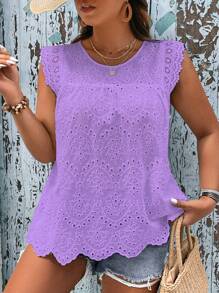 SHEIN LUNE Hơn Lỗ gắn thêu Cắt vỏ sò Áo sơ mi - Màu tím - Xem 4