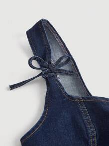 SHEIN MOD 前蝴蝶結頭巾下擺牛仔上衣 - 深色水洗藍 - 查看 4