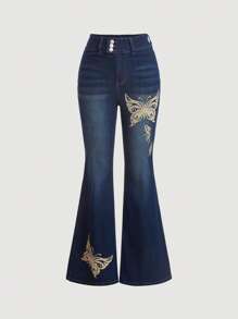 SHEIN MOD Butterfly Print Flare Leg Jeans - Dark Wash - View 1
