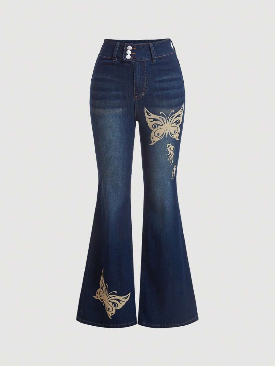 SHEIN MOD Butterfly Print Flare Leg Jeans - Dark Wash - View 1