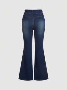 SHEIN MOD Butterfly Print Flare Leg Jeans - Dark Wash - View 2