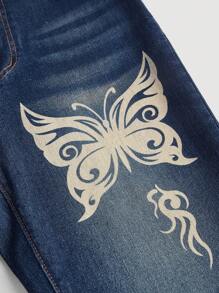 SHEIN MOD Butterfly Print Flare Leg Jeans - Dark Wash - View 4