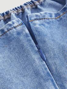 SHEIN MOD 肩上打結胸部褶皺吊帶牛仔連體短褲 - 淺色水洗藍 - 查看 4