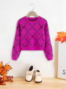 SHEIN 女大童1入組蝴蝶結&菱形印花套頭毛衣 - 玫紅色 - 查看 1