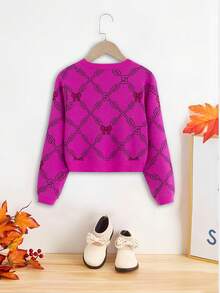 SHEIN 女大童1入組蝴蝶結&菱形印花套頭毛衣 - 玫紅色 - 查看 2