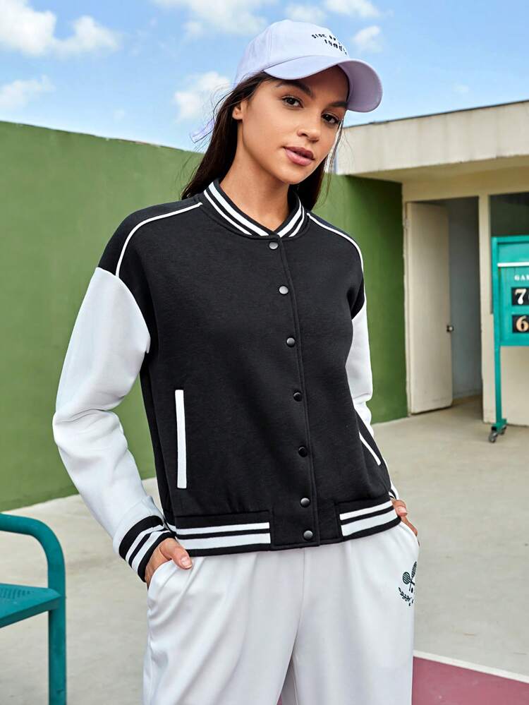 Colorblock Striped Trim Drop Shoulder Sports Bomber Jacket,Women Tennis Outfit